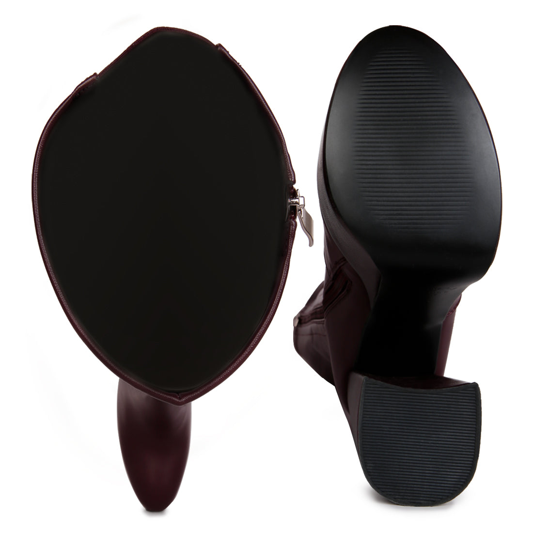 Burgundy High Block Heeled Calf Boots