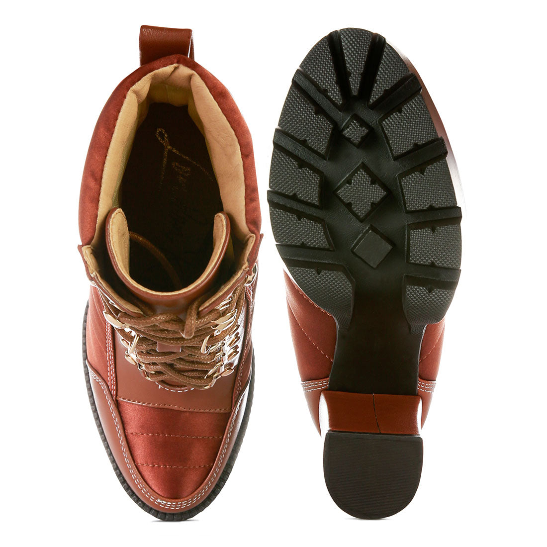 high heel quilted satin biker boots#color_tan