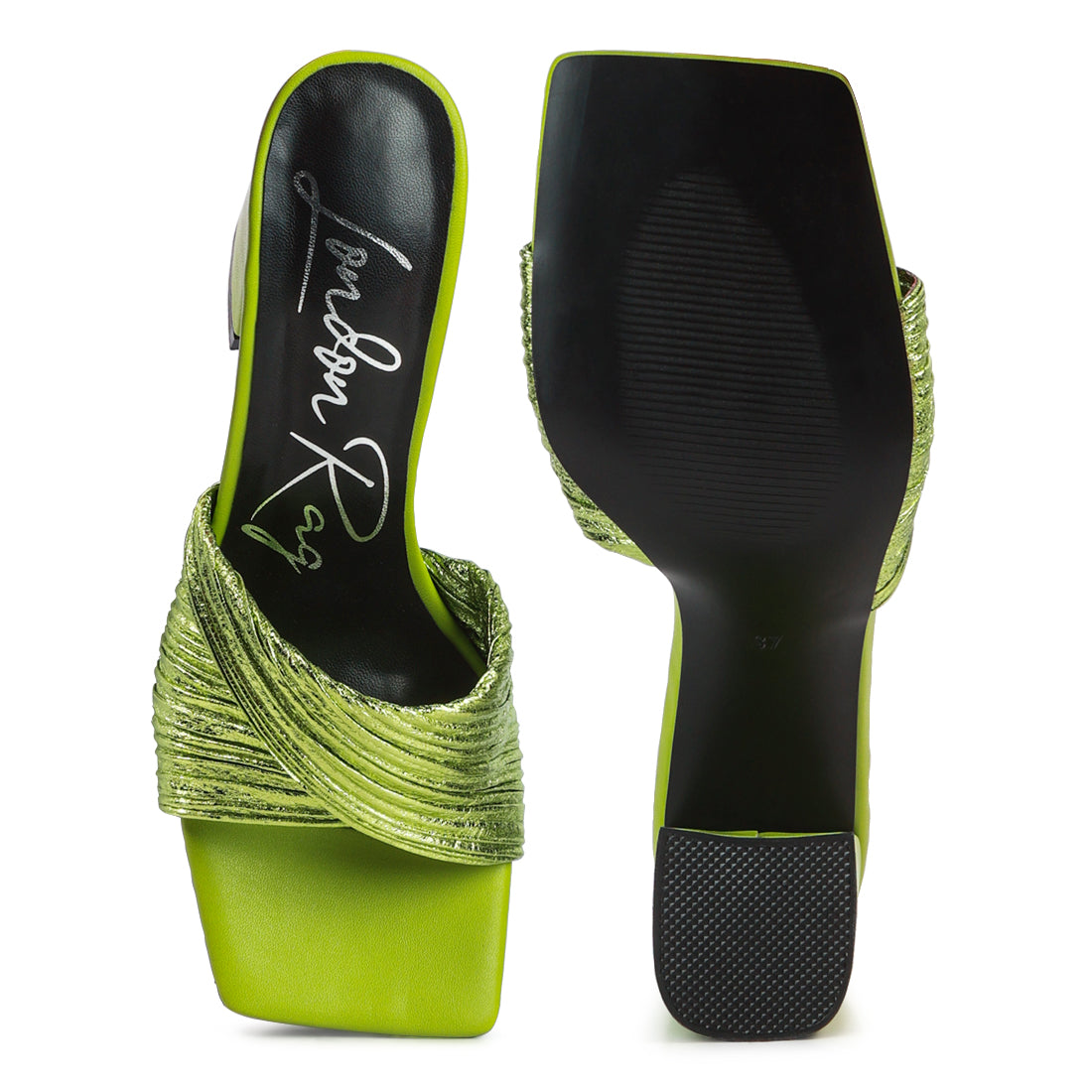 Green Crinkled High Heeled Block Sandals