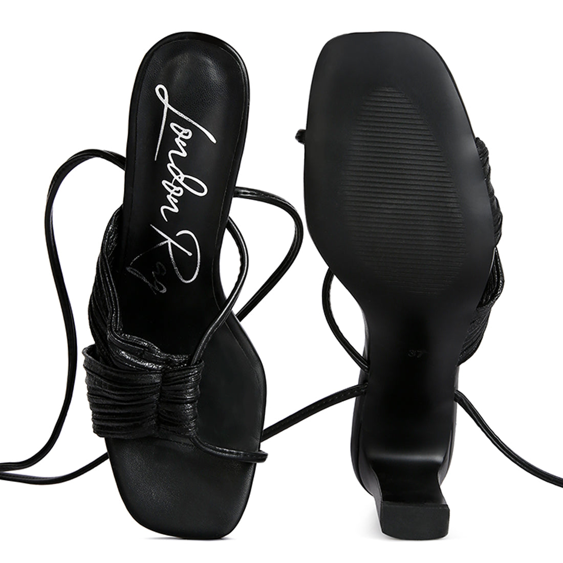 Black Metallic Tie Up Block Heel Sandals