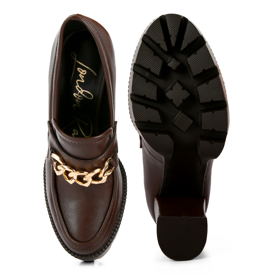 y2k chunky high block heeled loafers#color_brown