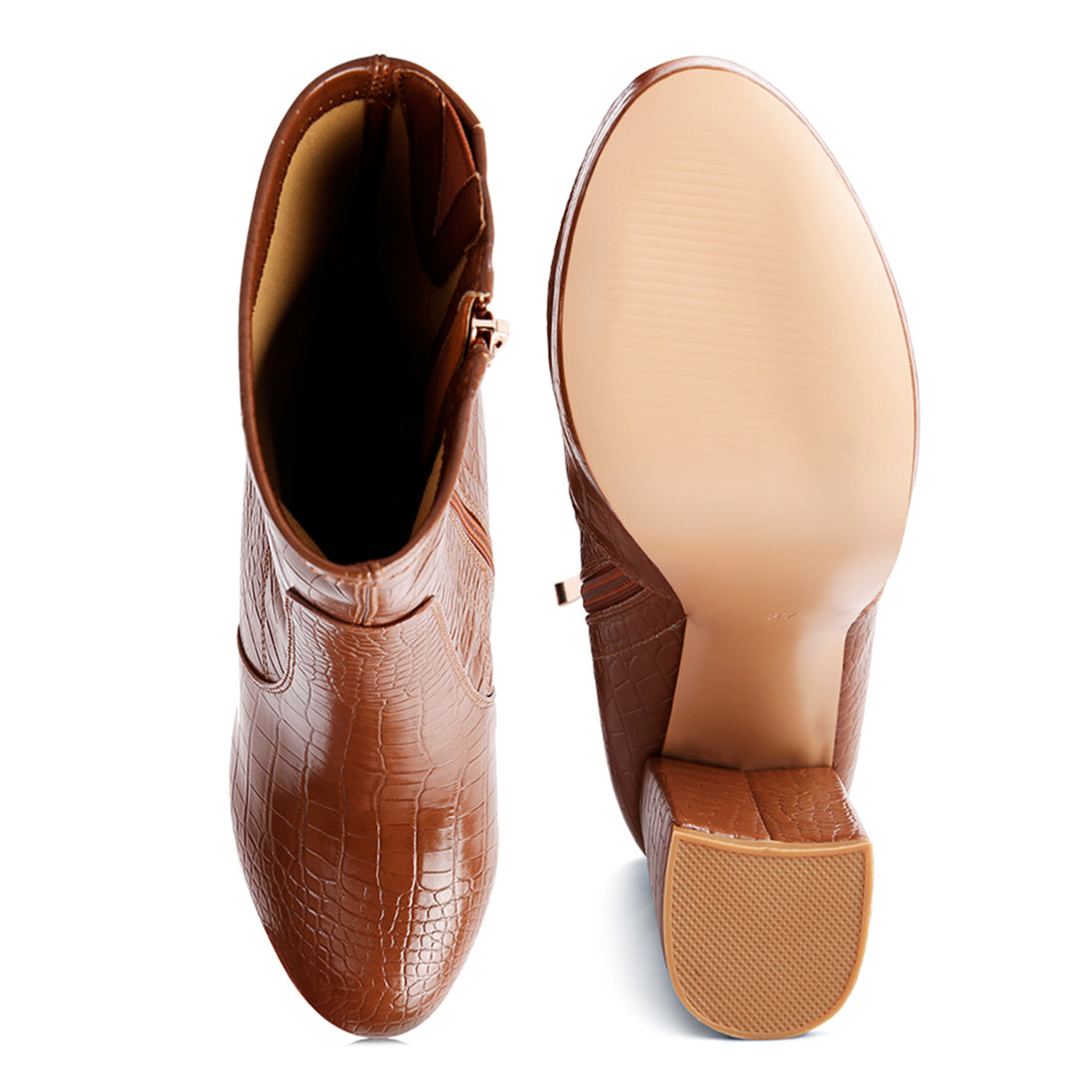 feral high heeled croc pattern ankle boot#color_tan