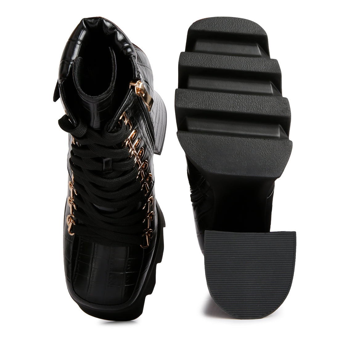 black high heeled platform ankle boots#color_black