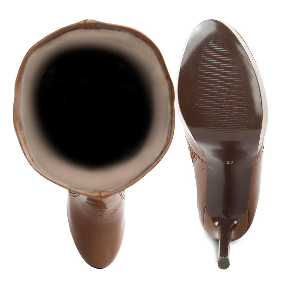 high heeled stretch patent calf boots#color_brown