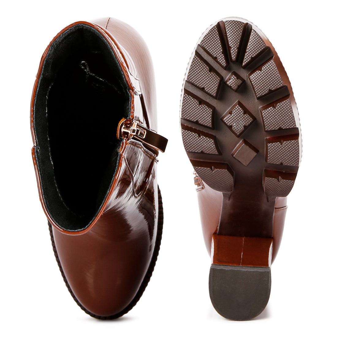 collared patent high heeled ankle boot#color_tan