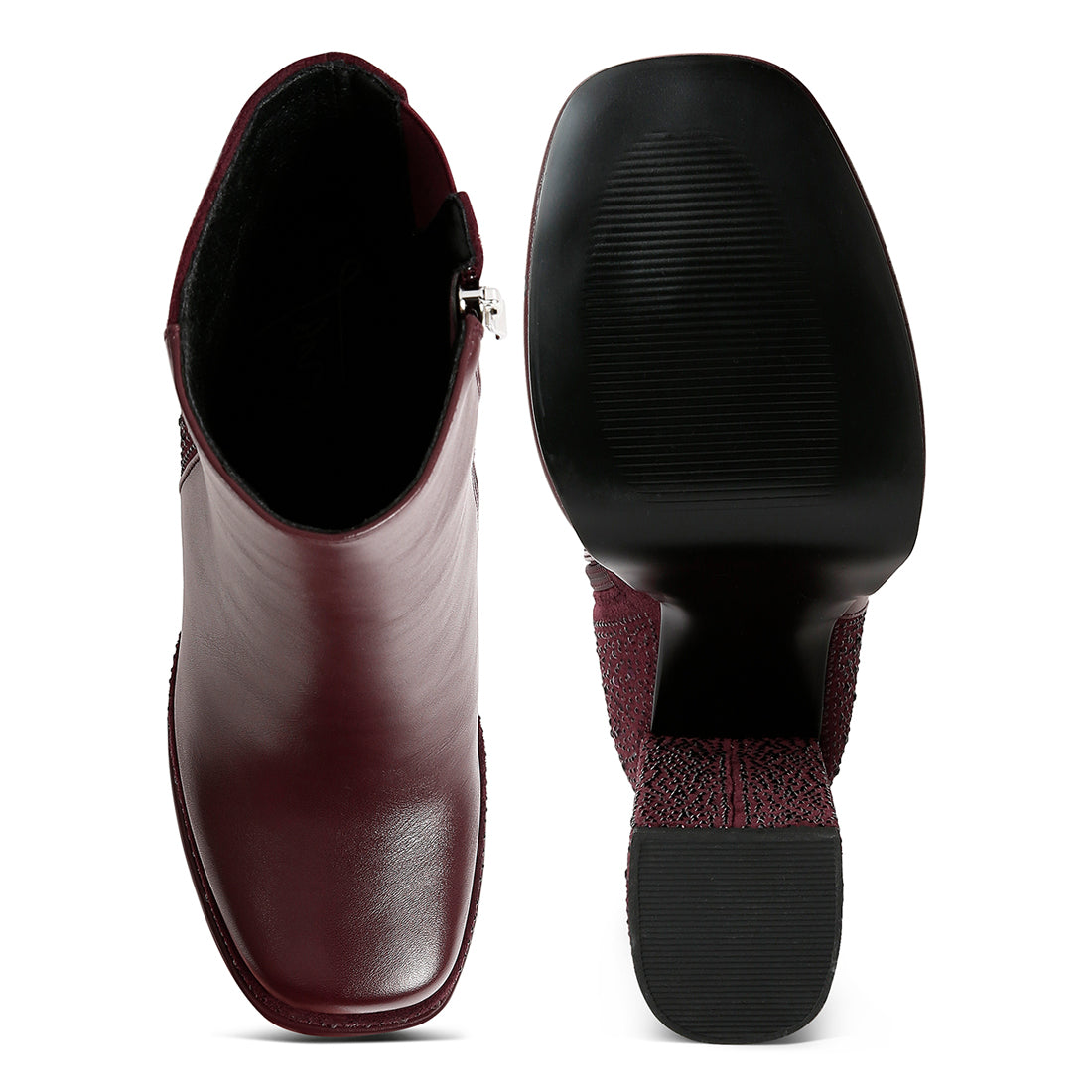 dryday diamante zip up block heel boots#color_burgundy