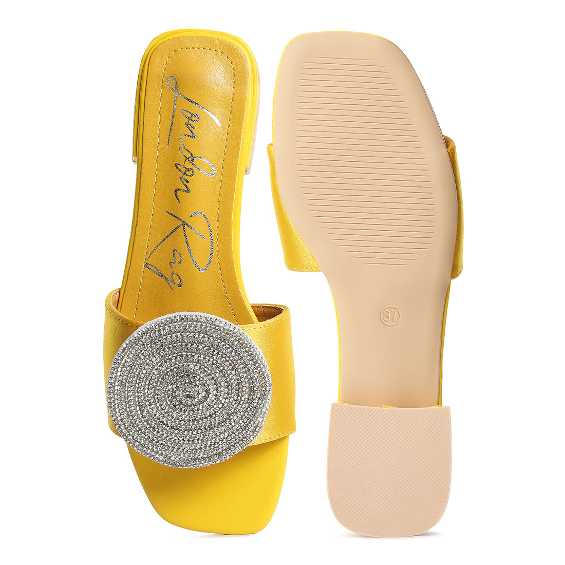 Rhinestone embellished brooch slip on sandals#color_yellow