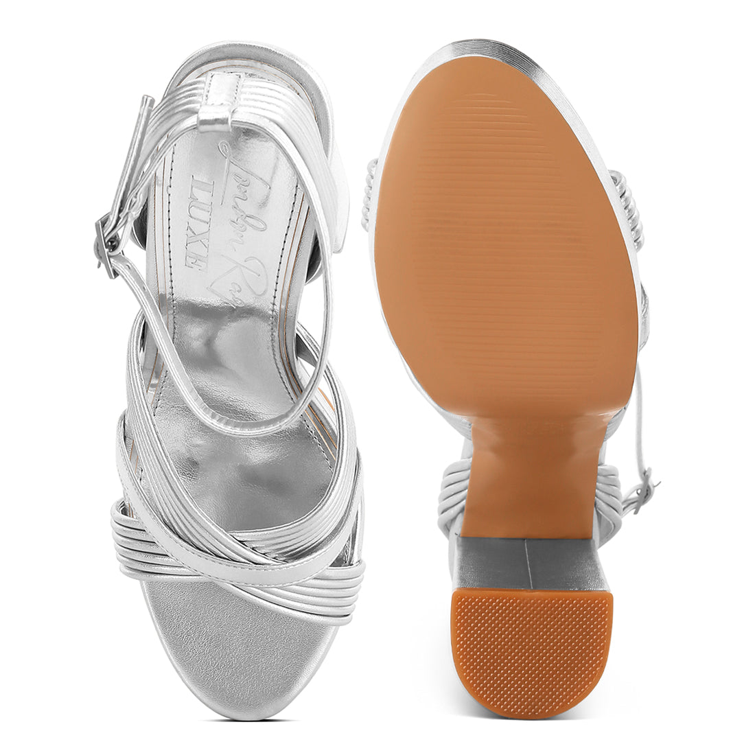 patent pu cross strap high heeled sandals#color_silver