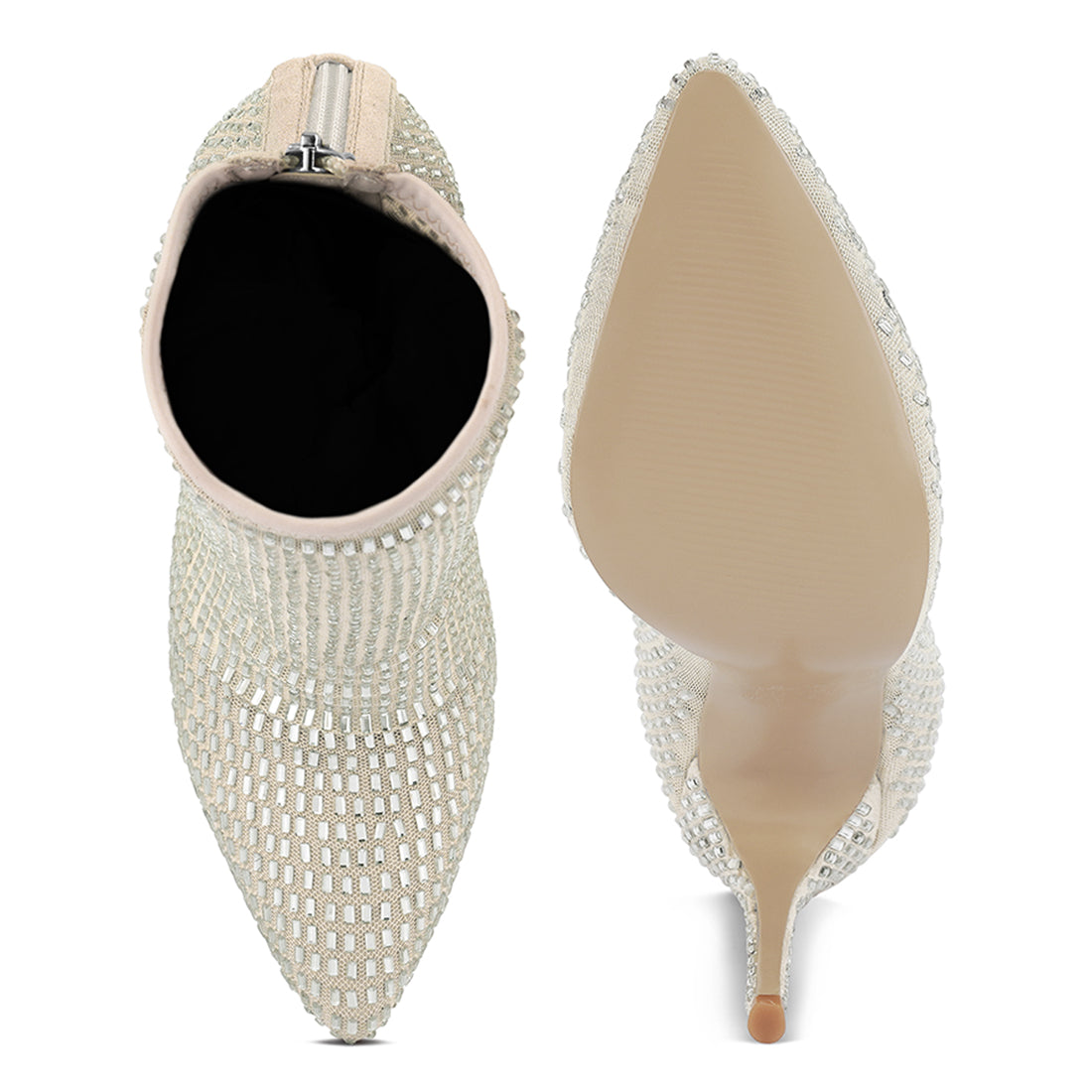 rhinestones embellished mesh boots#color_beige