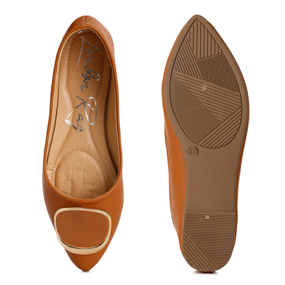 brooch detail ballet flats#color_tan