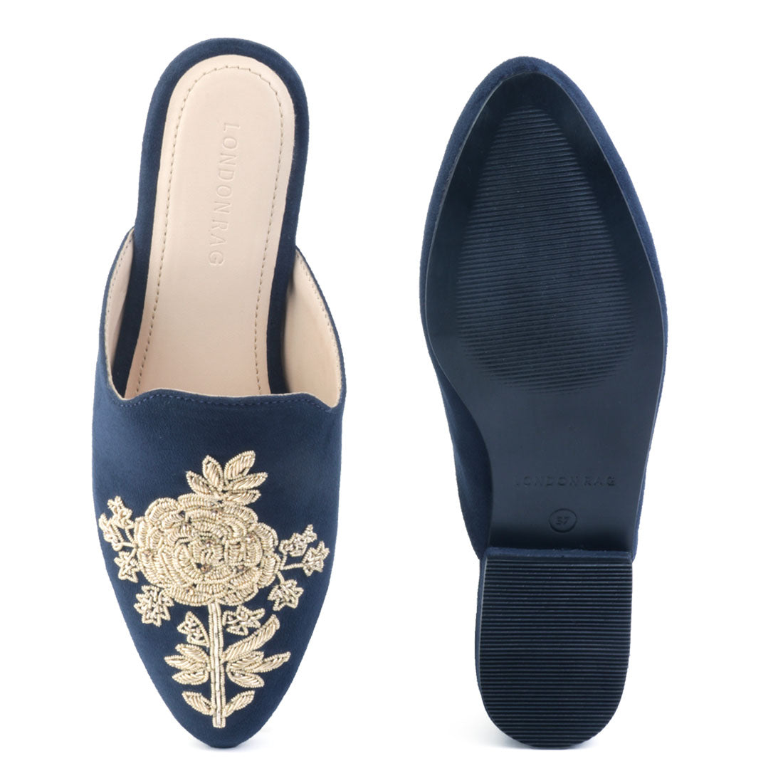 Navy Embroidered Patch Suede Mules
