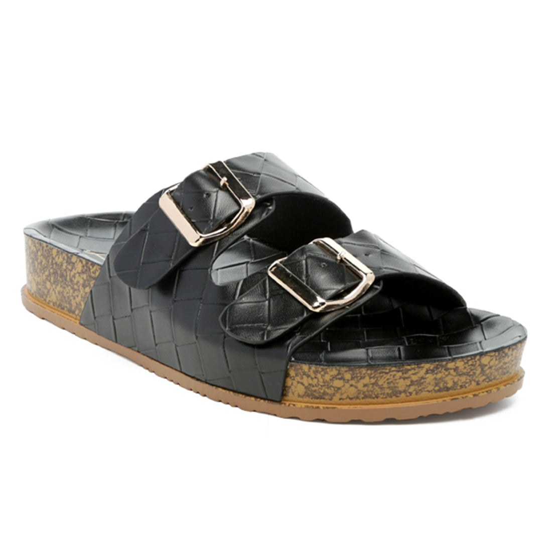 Buckled Strap Croc Platform Slides in Black - Black