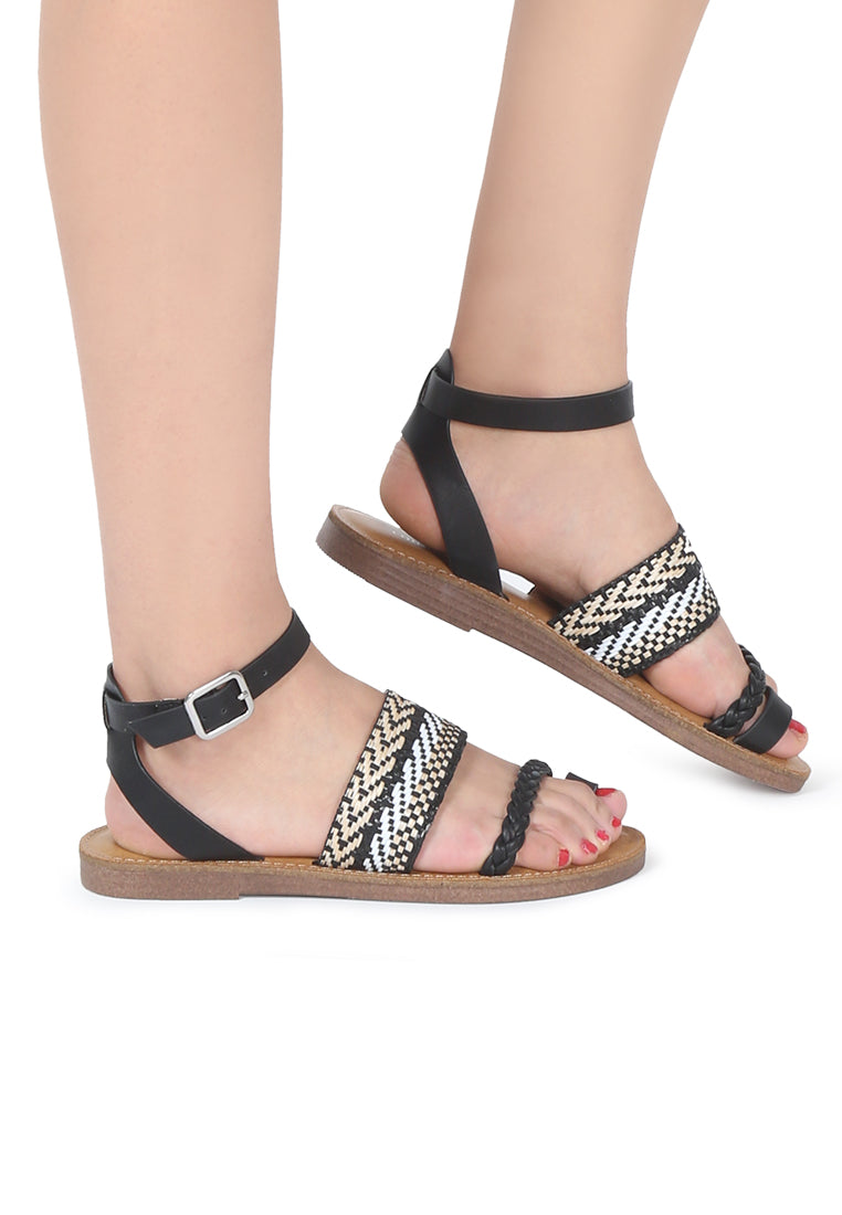 Black Florence Ankle Strap Flat Sandals - Black