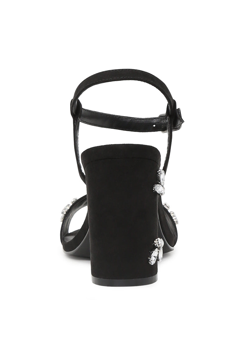 Black Embellished Ankle Strap Peep Toe Sandals - Black