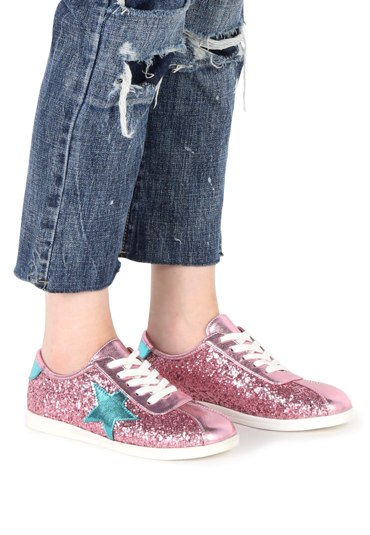 Pink Star Glitter Lace-Up Sneakers - Pink