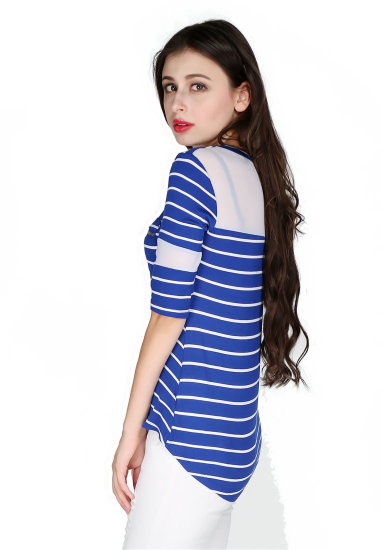 Blue Stripped Round Neck Top - Blue