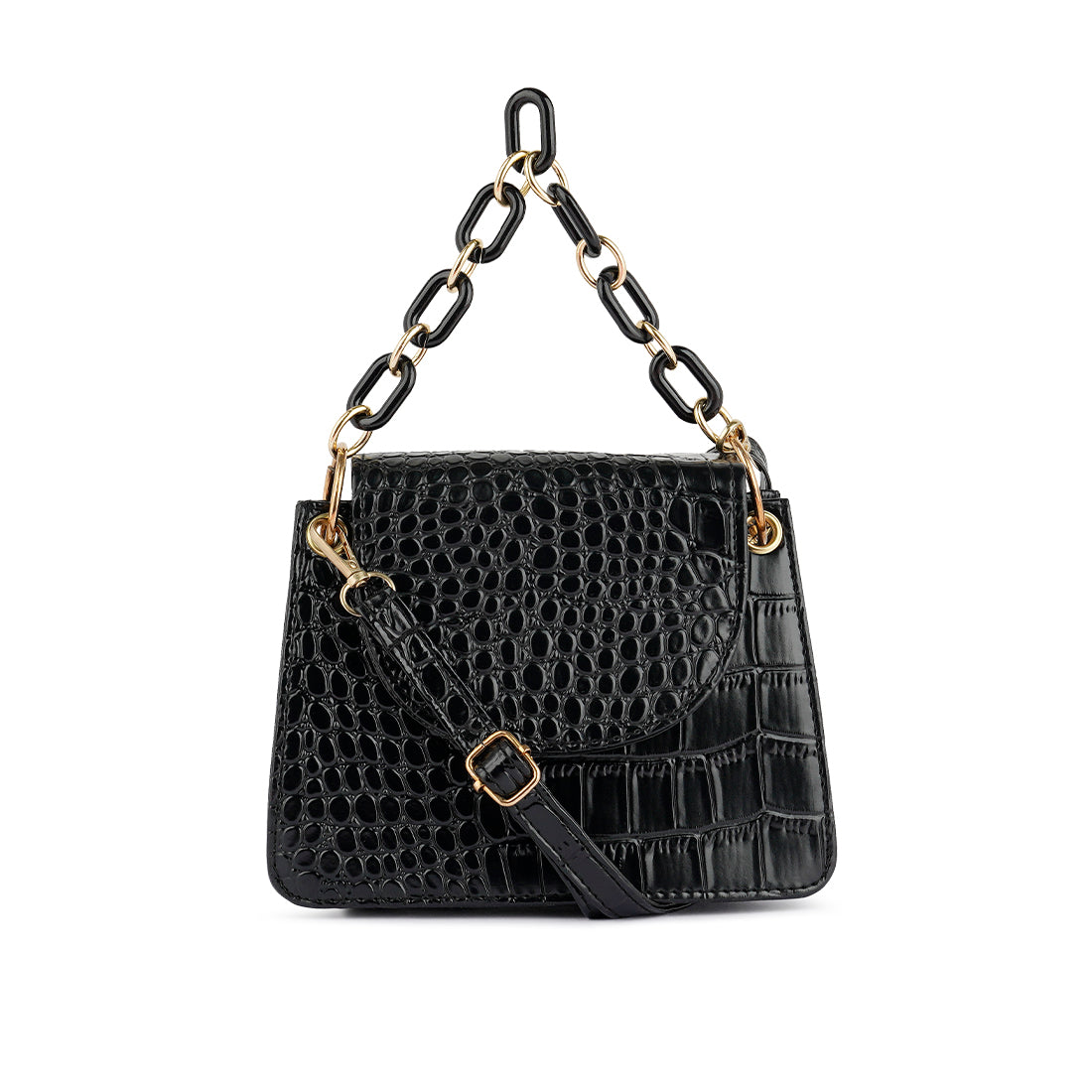 Croc Pattern Crossbody Sling Bag in Black