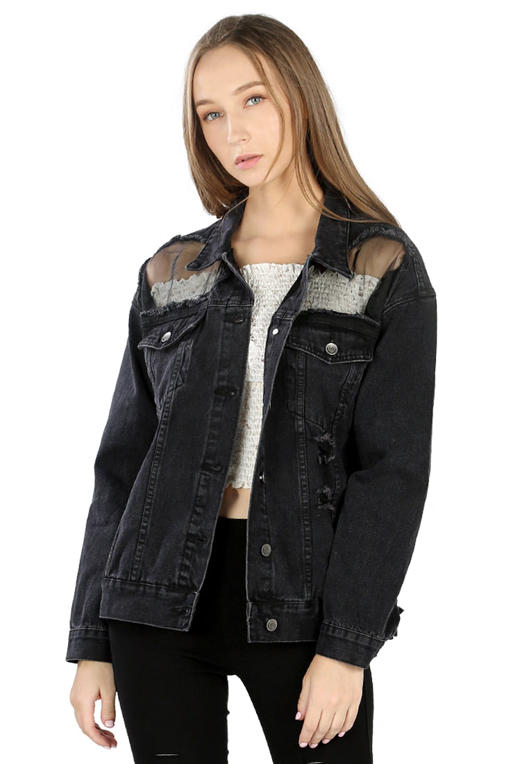 Black Denim Jacket with Mesh Detail - Black