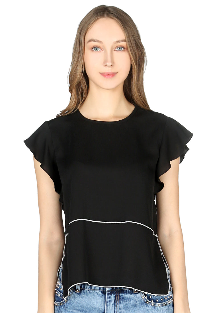 Black Short Flutter Sleeve Casual Top - Black