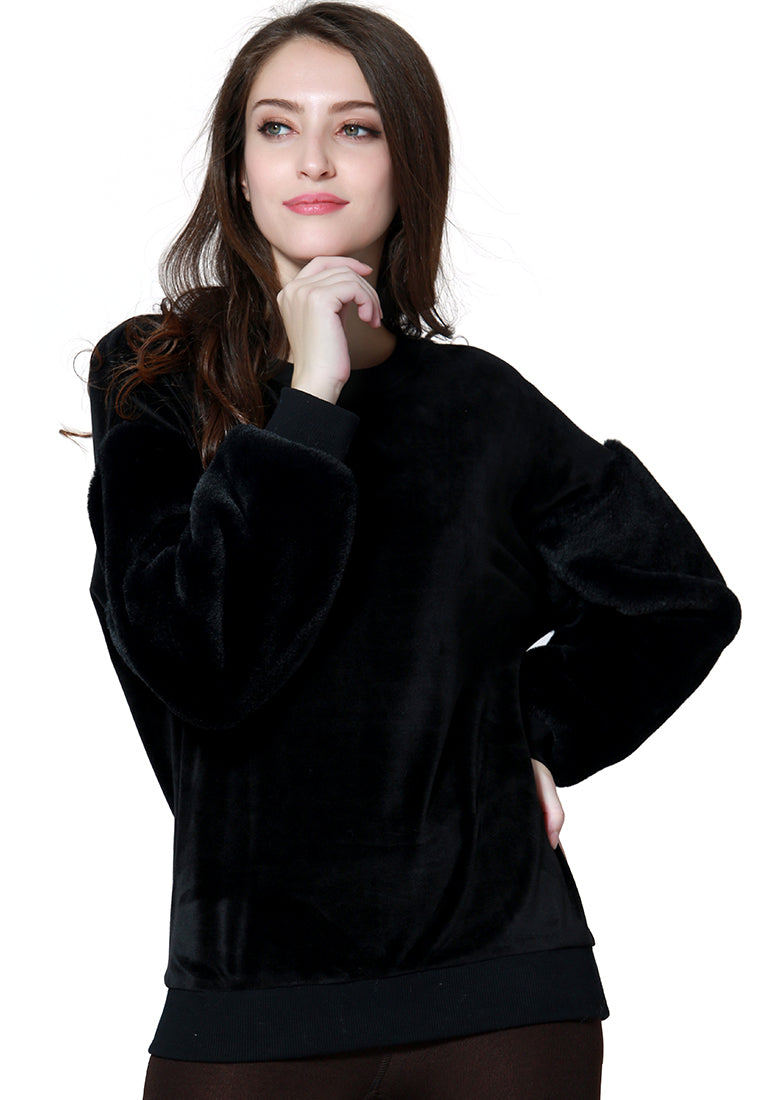 Black Long Sleeve Fur Sweatshirt - Black