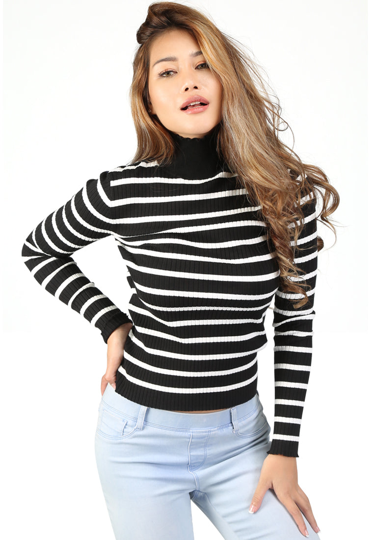 Black Turtleneck Striped Sweater - Black