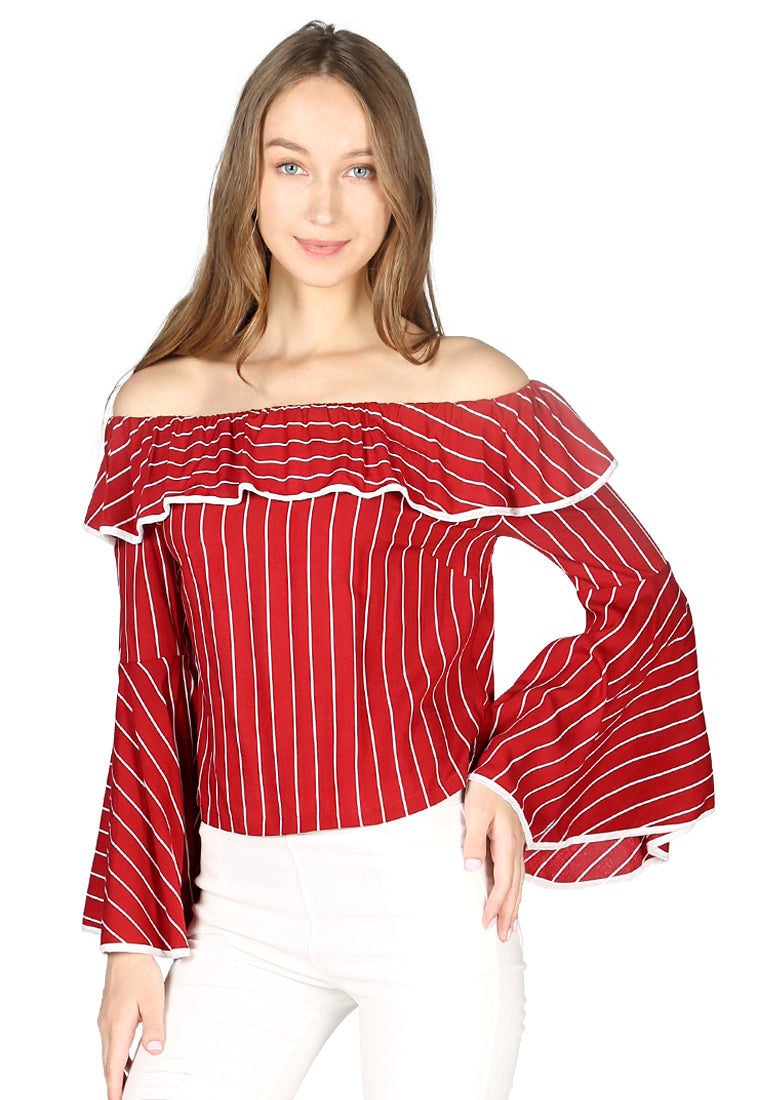 Burgundy Stripe Off Shoulder Flared Sleeve Top - Burgundy