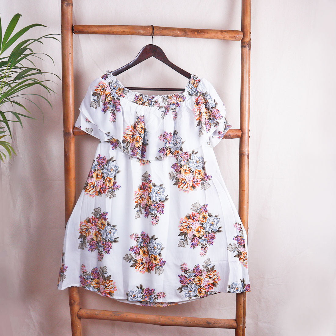 White Off Shoulder Floral Mini Dress - White