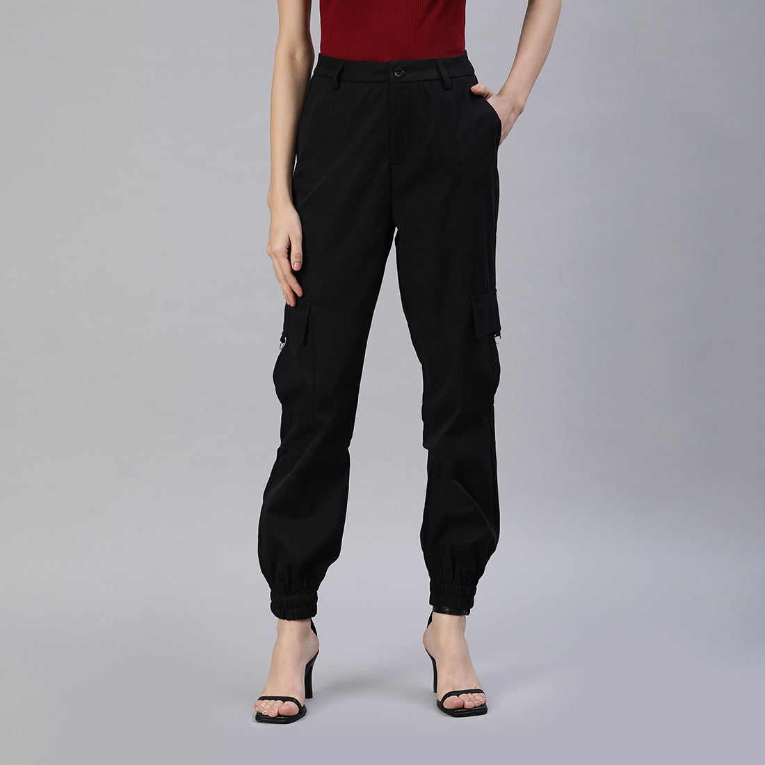high waist cargo pants#color_black