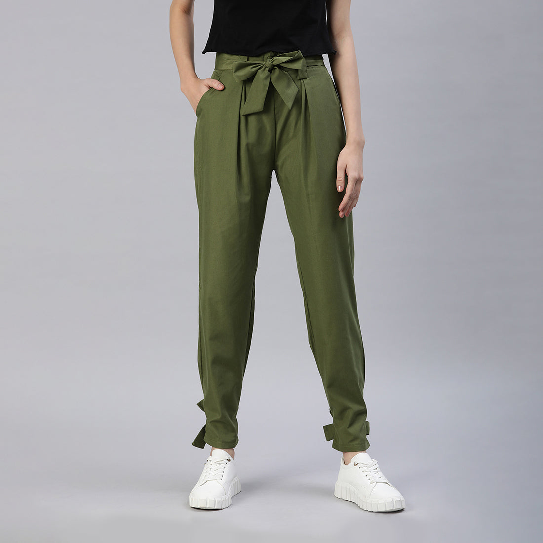 Waist Tie Pleated Trousers In Green