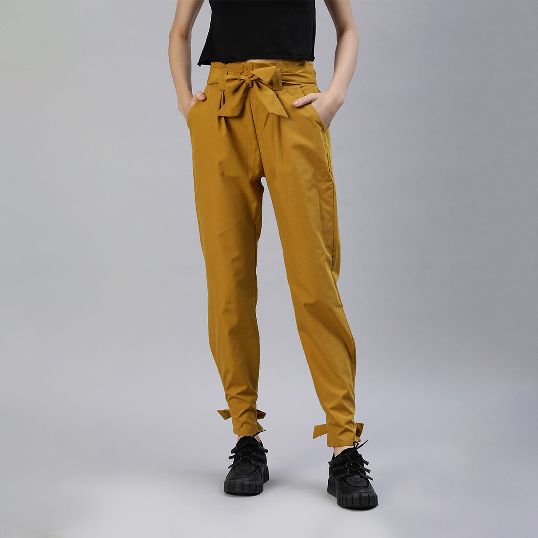 Waist Tie Pleated Trousers In Mustard