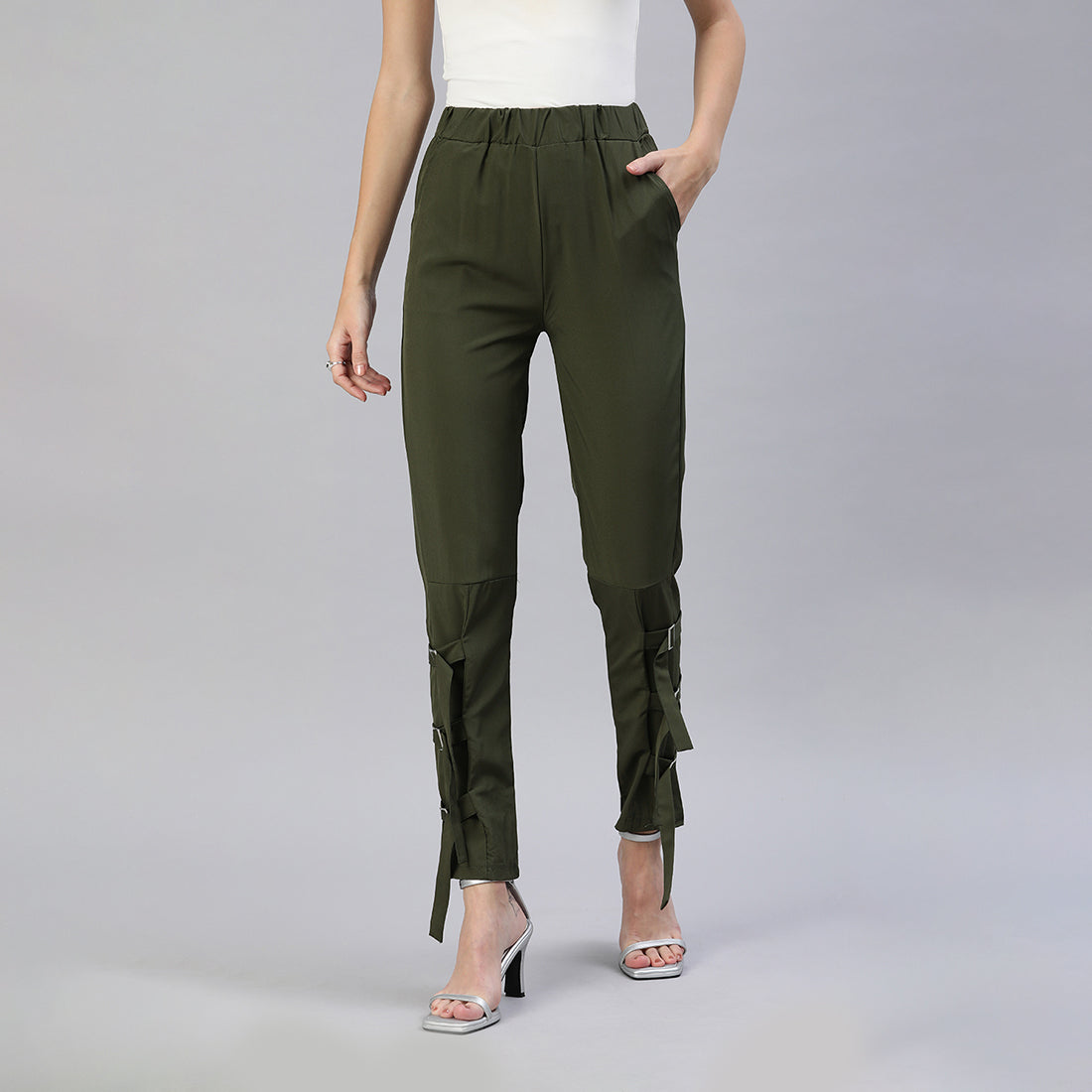 Buckle Hem Joggers Pants In Green