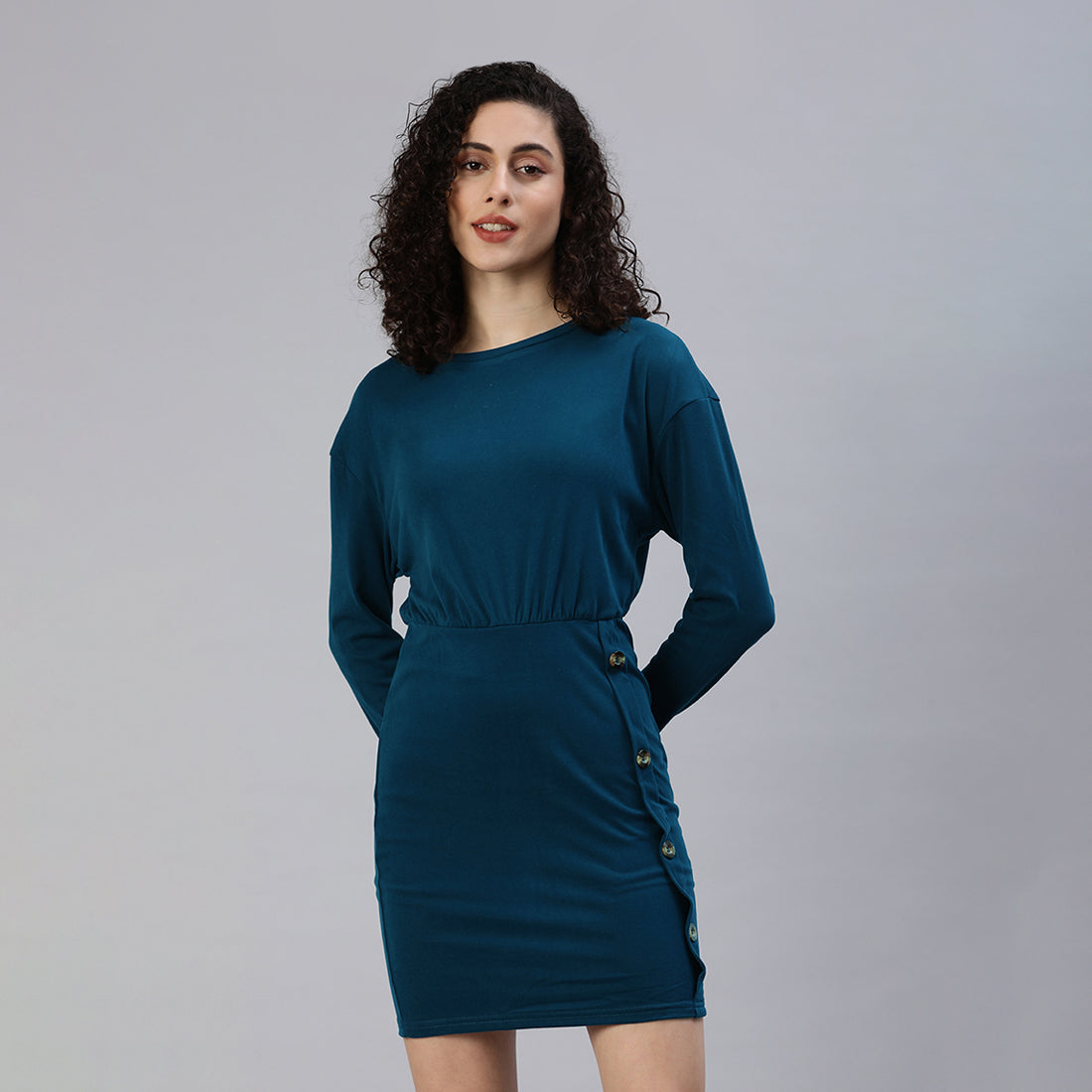 Fitted Button Detail Bodycon Dress In Dark Blue