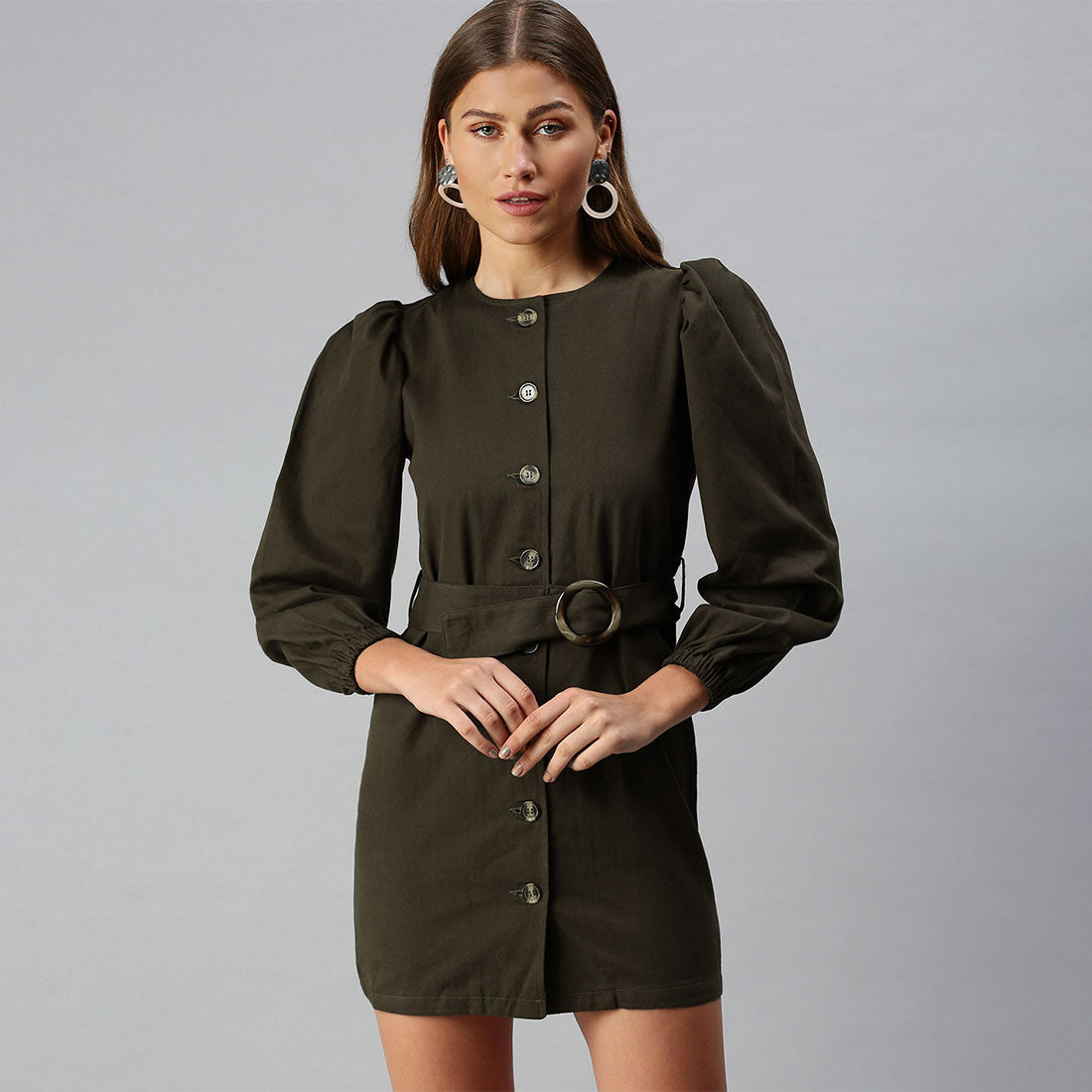 Khaki Puff Sleeve Mini Shirt Dress