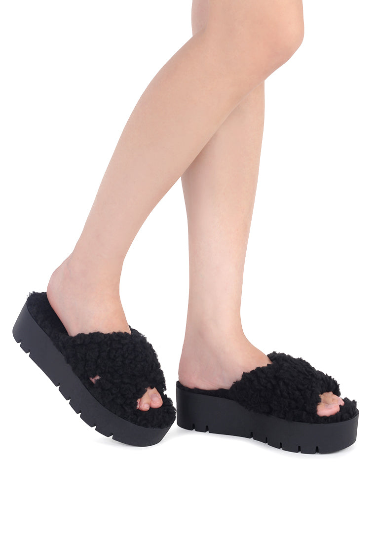 Black Fur CrossStrap Flatforms - Black