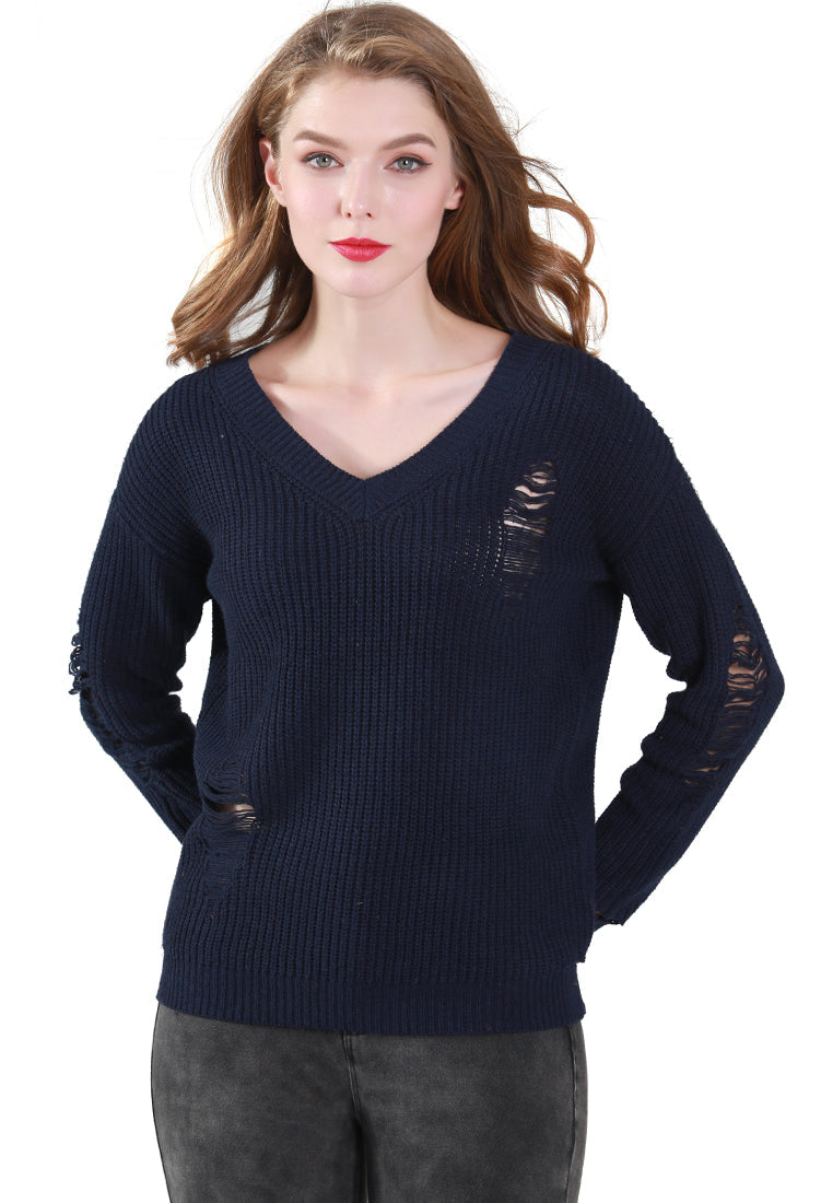 Navy Full Sleeve Ribbed Knit Sweater - Navy