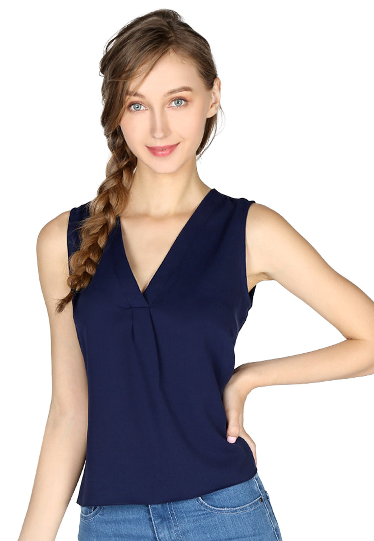 Navy Sleeveless V Neck Casual Top - Navy