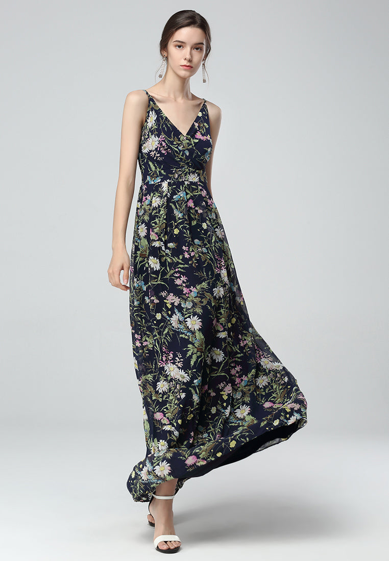 Navy Floral Print Spaghetti Chiffon Maxi Dress - Navy