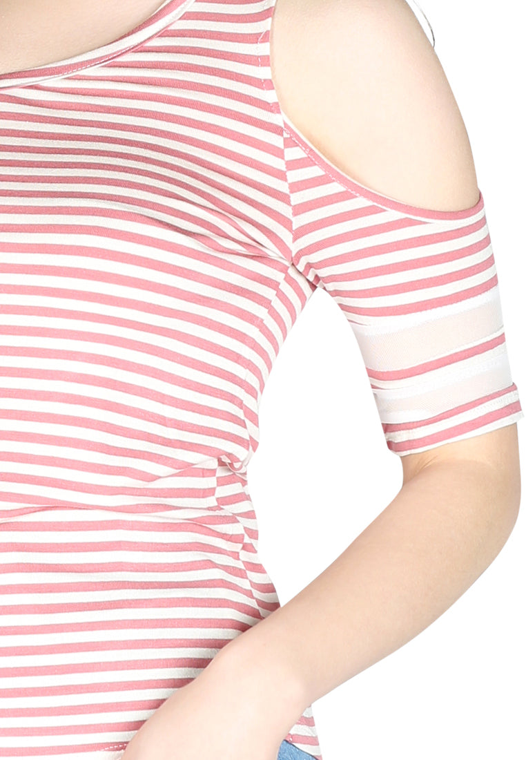 Mariah Stripe Pink Cold Shoulder Top