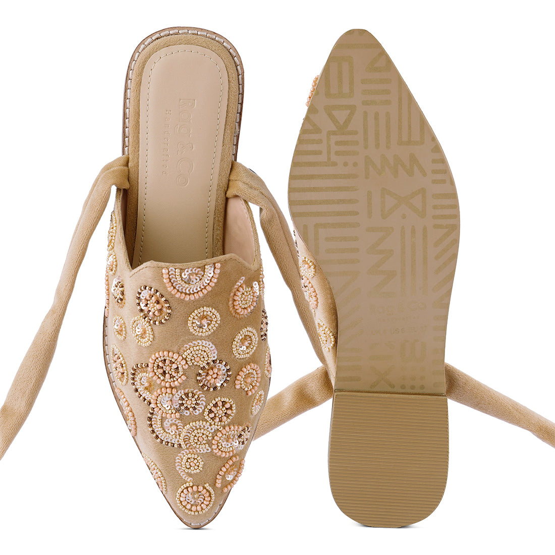 Embroidered Velvet Mules In Beige