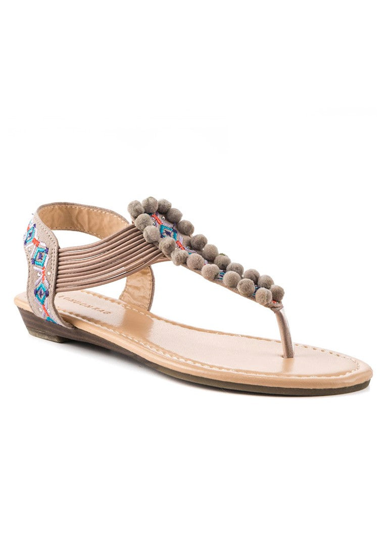 Beige Flat Pom-Pom Detail Sandal - Pink