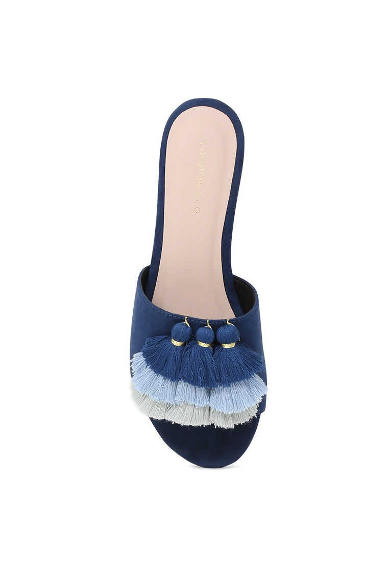 Blue Flat Sandal with Tassels - Blue