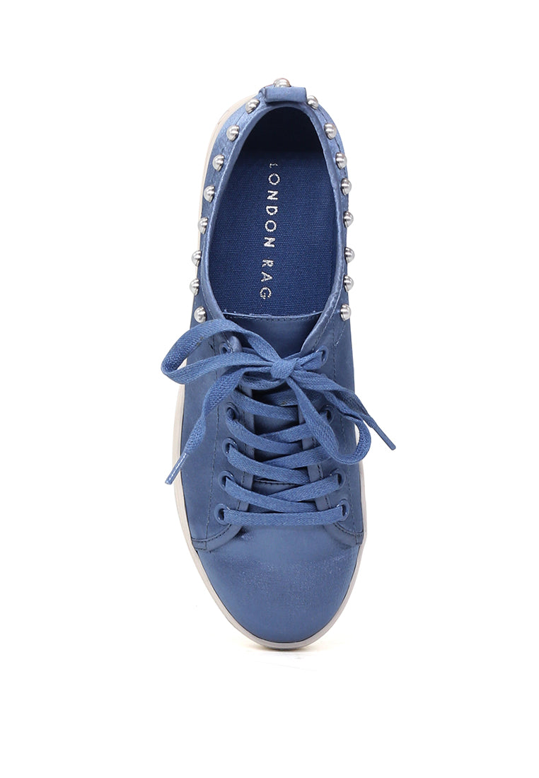 Shawna Blue Metallic Pearl Lace Up Sneakers - Blue