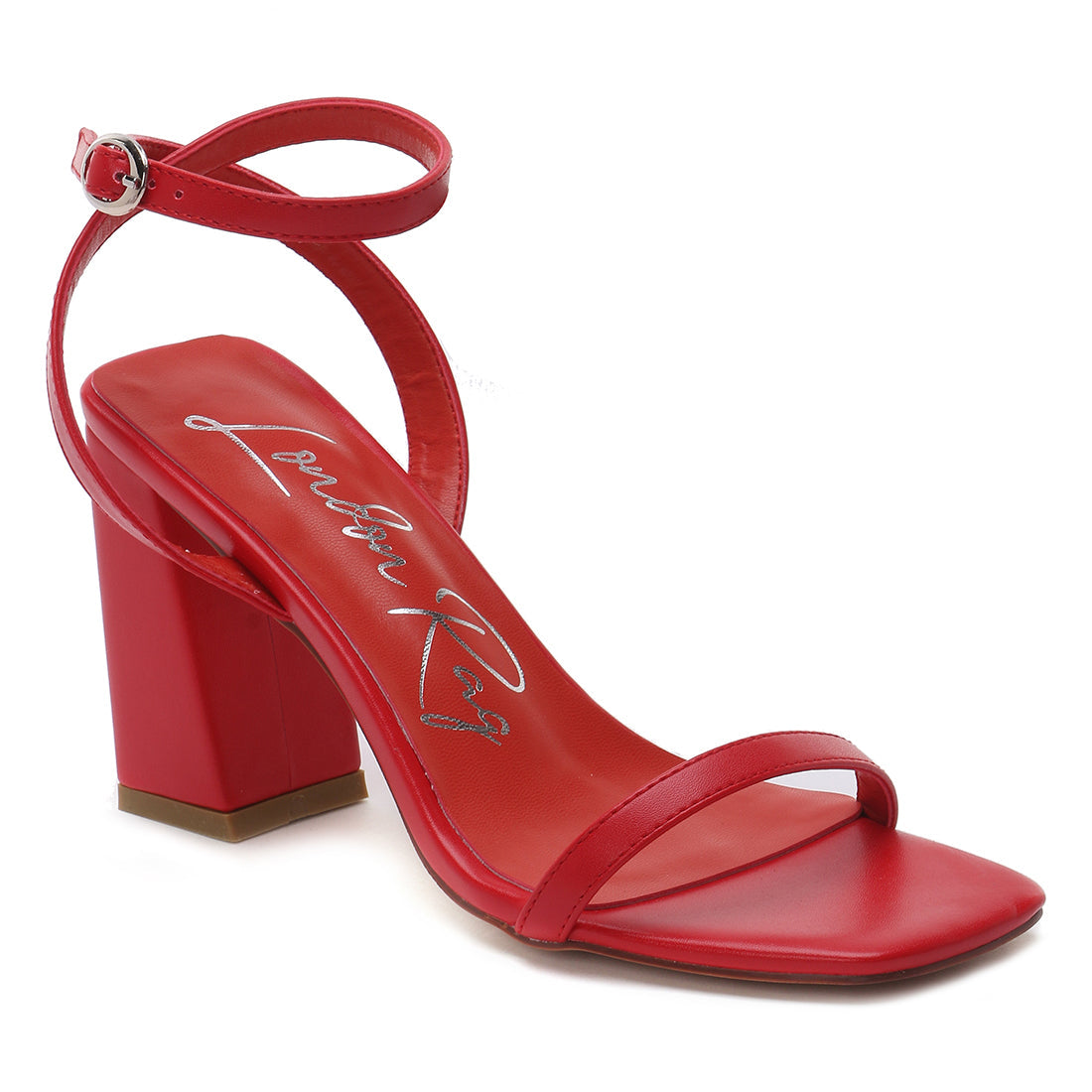 Red Square Toe Block Heeled Sandal