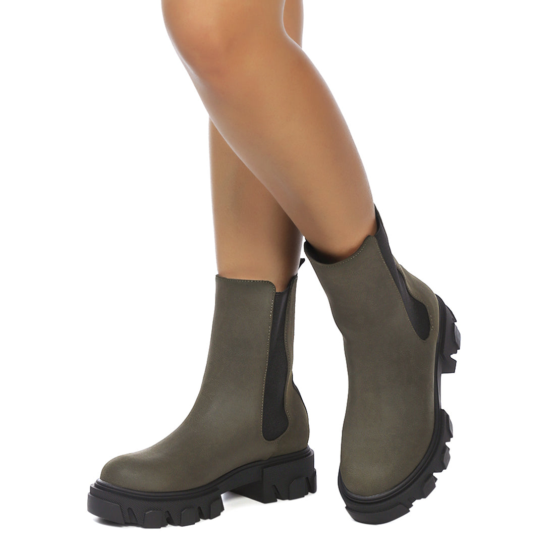 Olive Patent PU Chunky Chelsea Boot - UK7