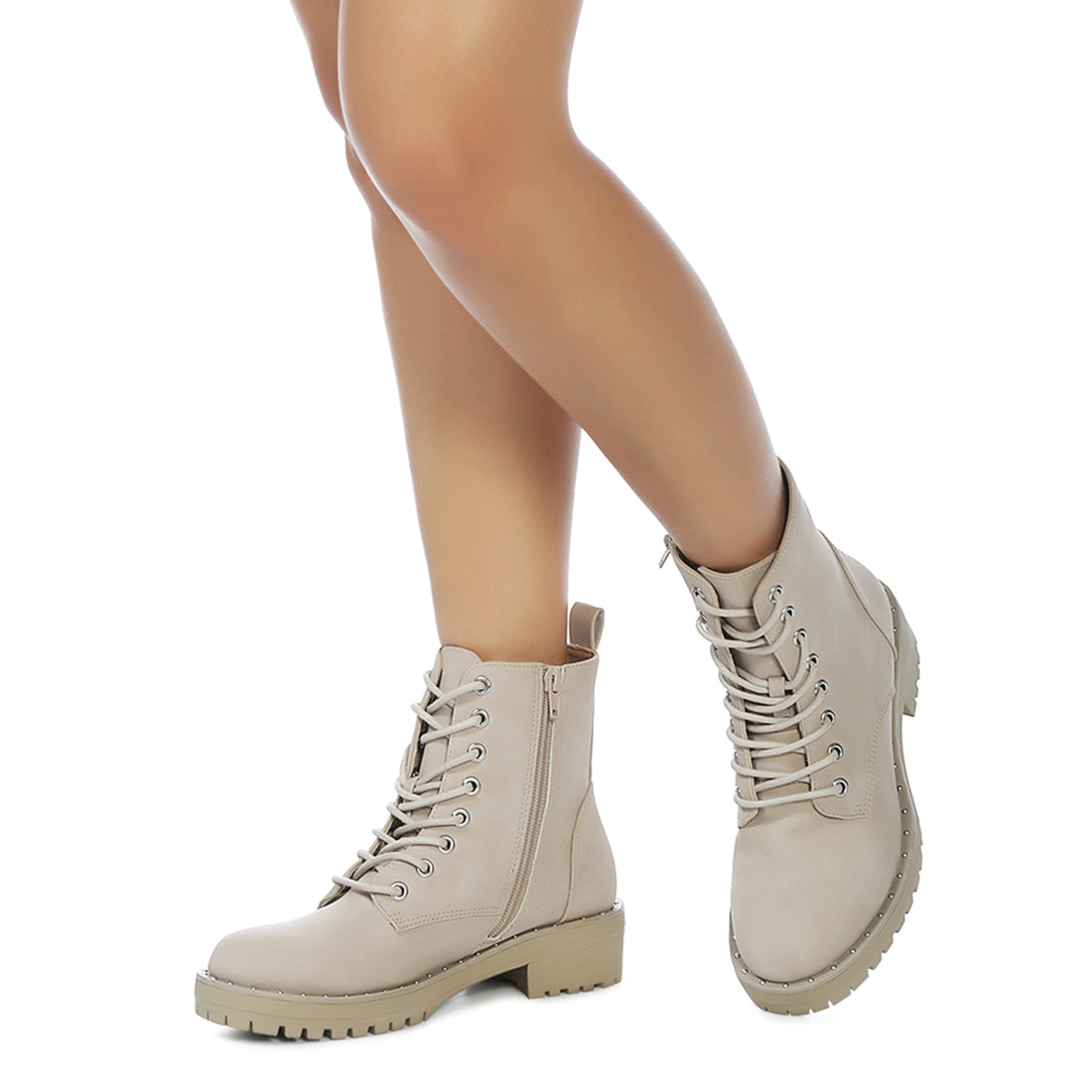 Beige Stud Lined Lace-Up Biker Boot - UK7