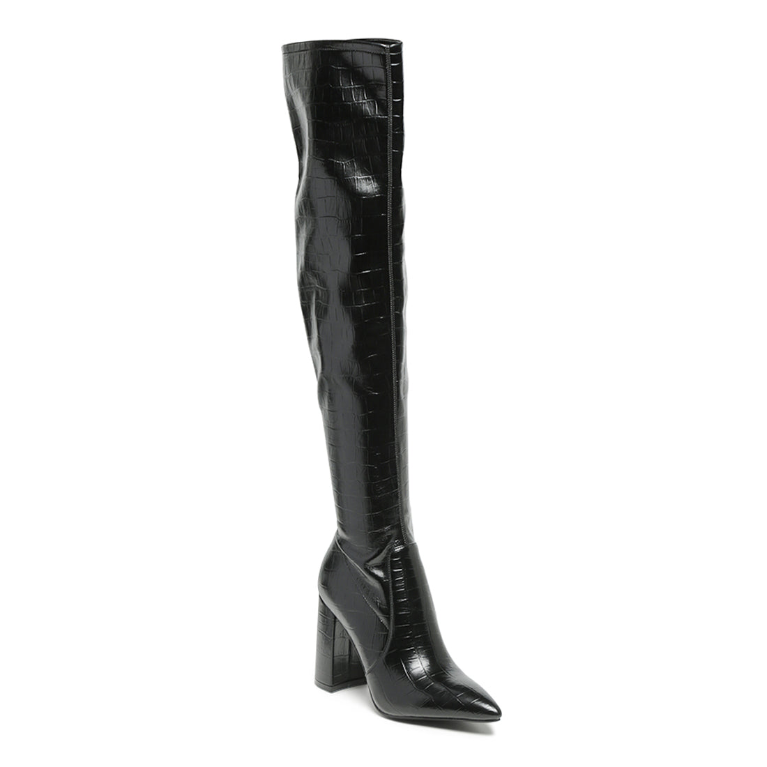 Knee High PU block Heeled Boot In Black - Black