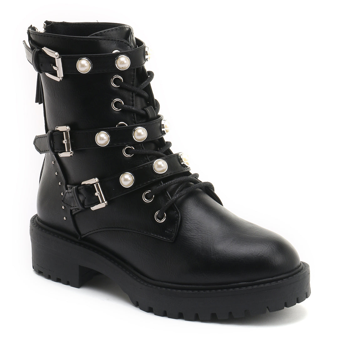 Pearl Studded Biker Boots In Black