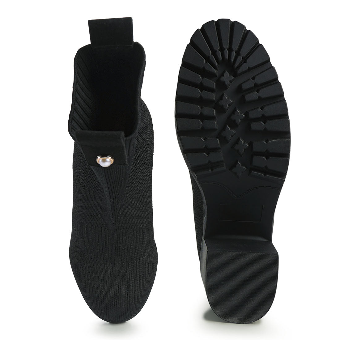 Black Knitted Block Heeled Ankle Boots