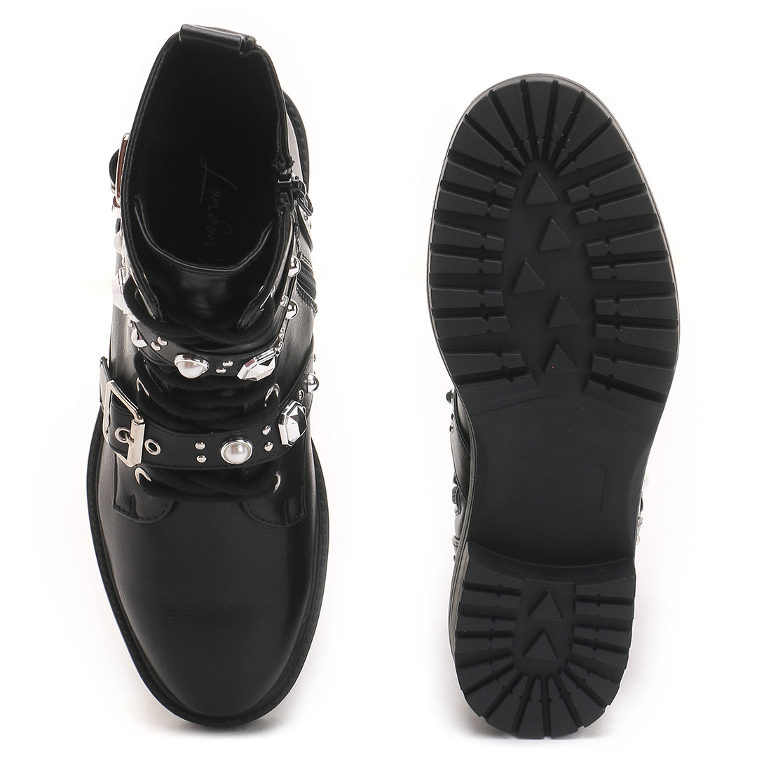 Black Stud Strap Biker Boots