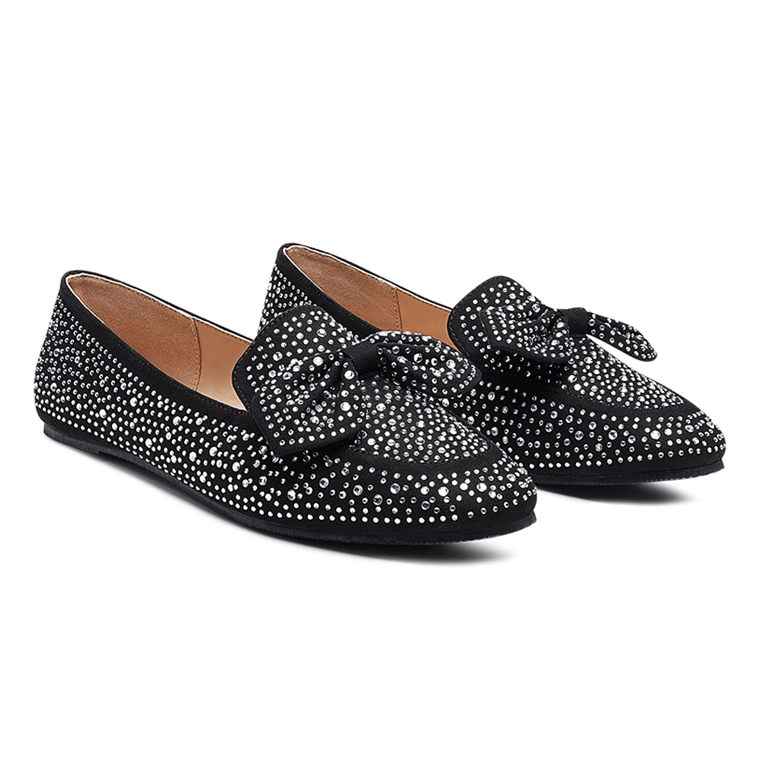 Dewdrops Embellished Casual Bow Loafer in Black - Black